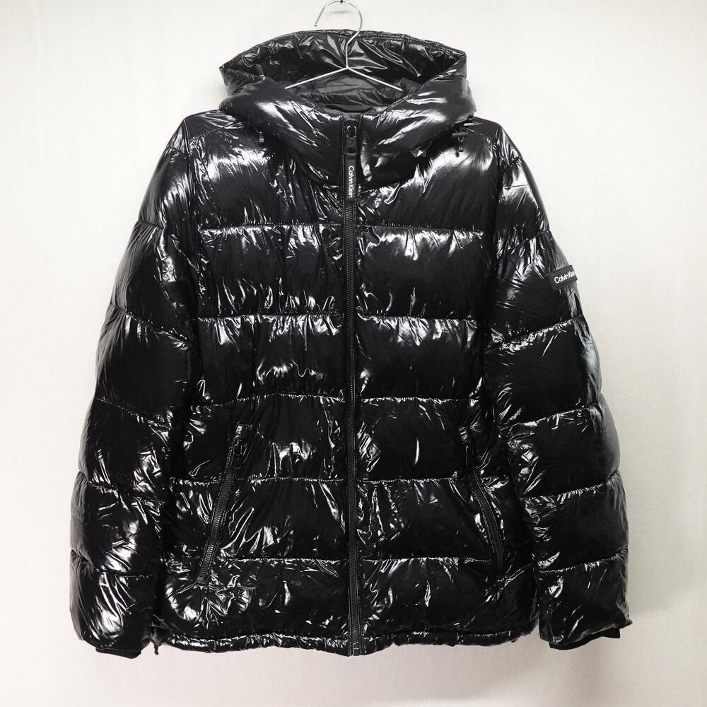 Calvin Klein Jacket Mens Large Black Shiny Puffer Hood Water Resistant Sorona